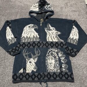 Ruminahui Mens Full Zip Hoodie Sweater Jacket Blue Wool Native American Wolf